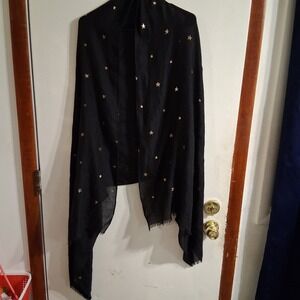 Witchy Boho Whimsigoth Shawl Scarf Poncho Black Gold Stars Fringe EUC